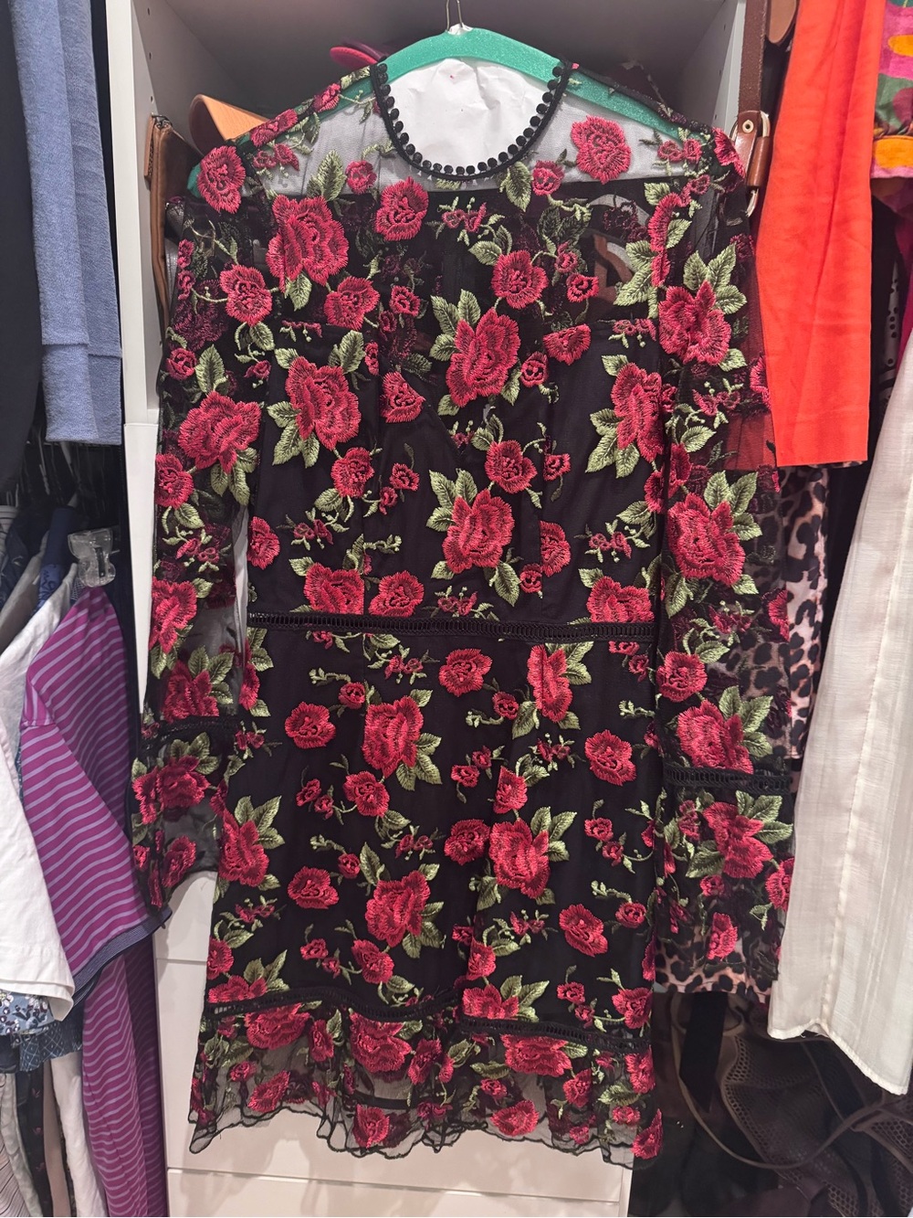 SAYLOR Black Long-Sleeve Lace Dress with Red Rose Embroidery